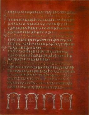 Page from Codex Argenteus showing Gothic gospel text in silver ink on deep purple vellum.