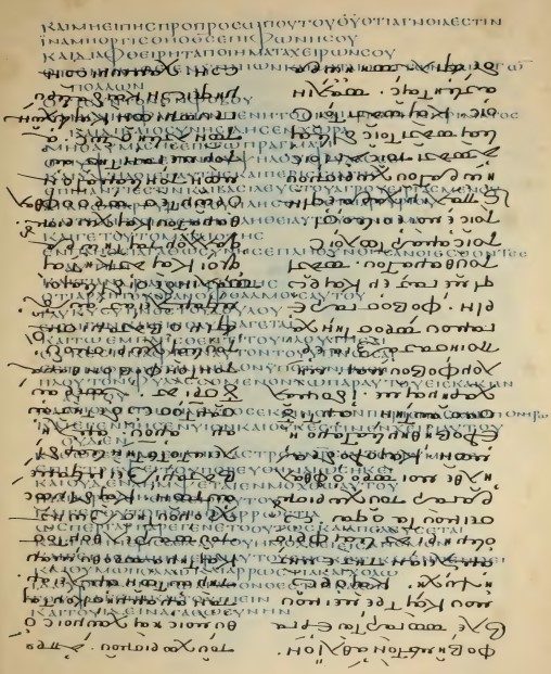 Folio 138r of Codex Ephraemi Rescriptus showing the palimpsested Greek biblical text under later Syriac sermon overwriting.