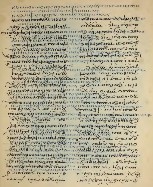 Folio 138r of Codex Ephraemi Rescriptus showing the palimpsested Greek biblical text under later Syriac sermon overwriting.