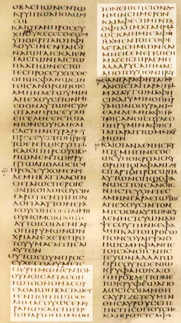 Page of Codex Sinaiticus showing four columns of Greek uncial text.