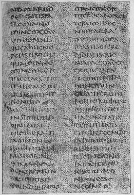 Page from Codex Vercellensis showing Old Latin gospel text of John 16 in silver ink on purple-dyed vellum.