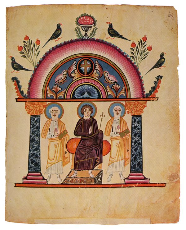 Christ enthroned, illumination from the Echmiadzin Gospels, 989 CE.