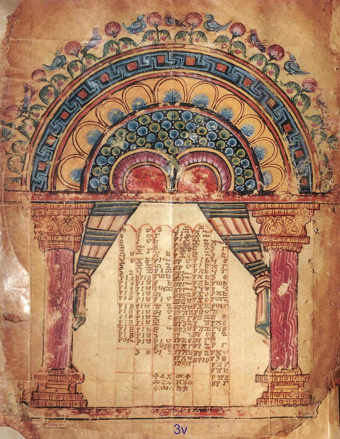 Illuminated page from the Garima Gospels showing canon tables or an evangelist portrait.