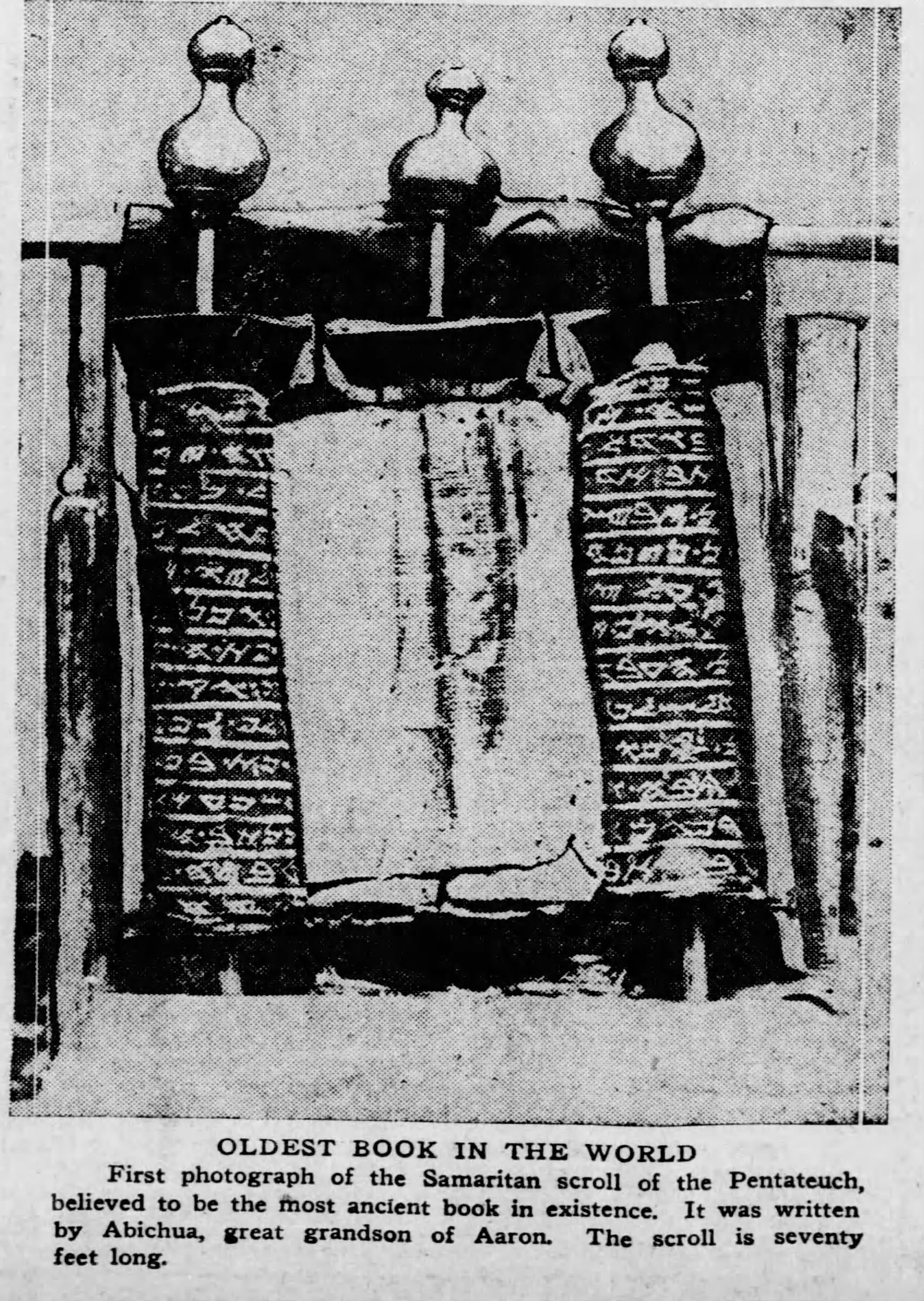 1925 photograph of a Samaritan Pentateuch showing Hebrew text in distinctive Samaritan script.