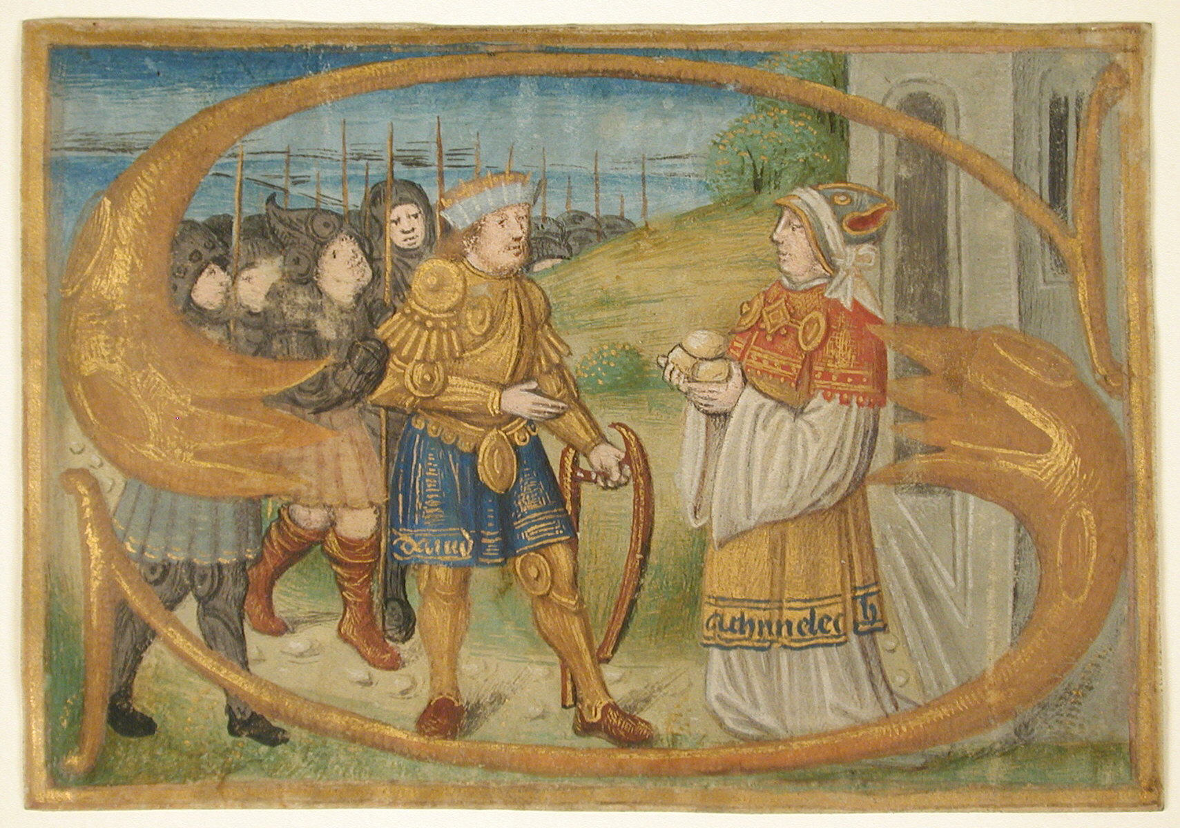 Manuscript Leaf Cutting Probably from a Missal with an Illuminated Initial S and King David Receiving the Holy Bread from Ahimelech the Priest.