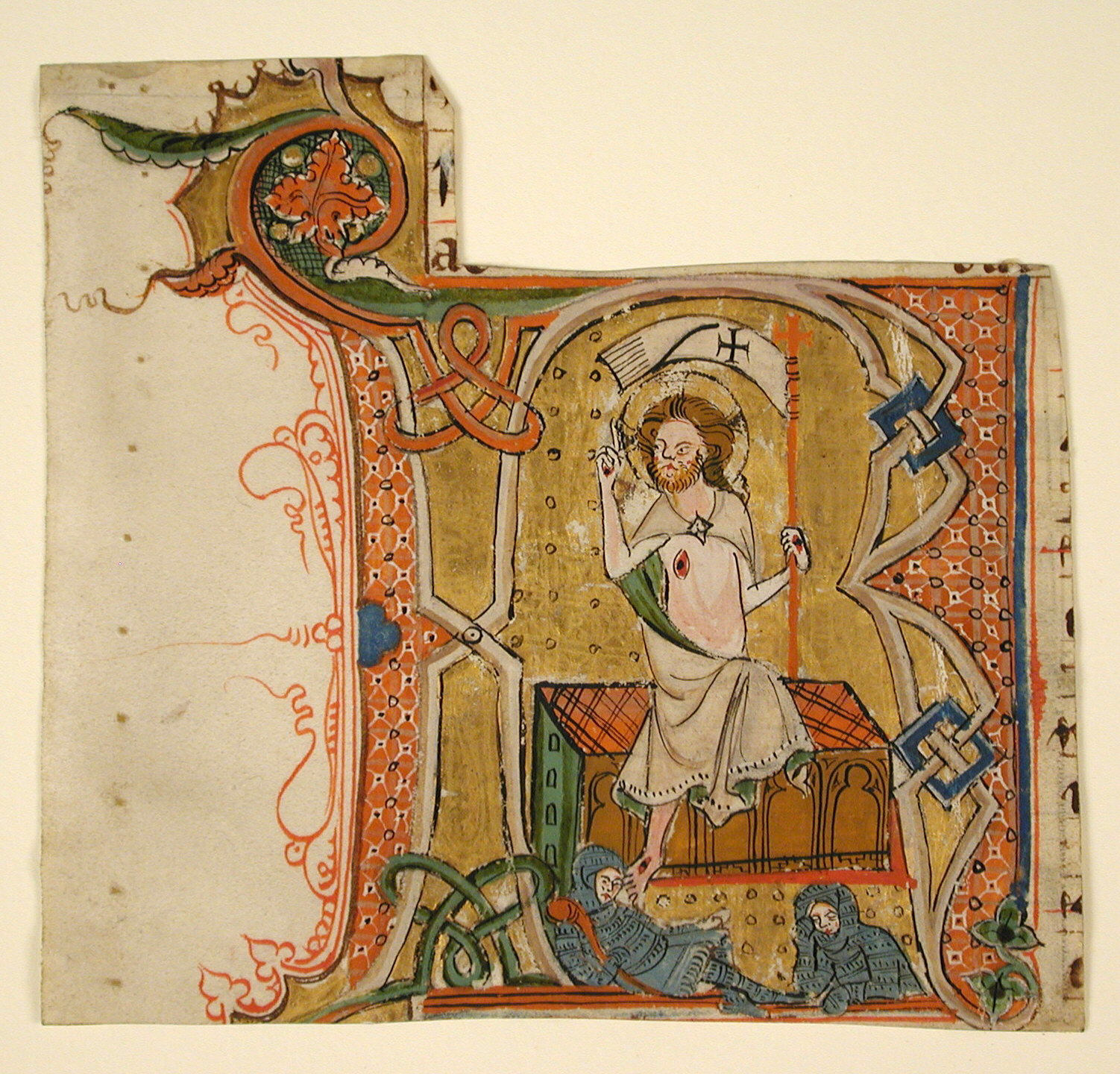 Manuscript Leaf Showing an Illuminated Initial R with The Resurrection